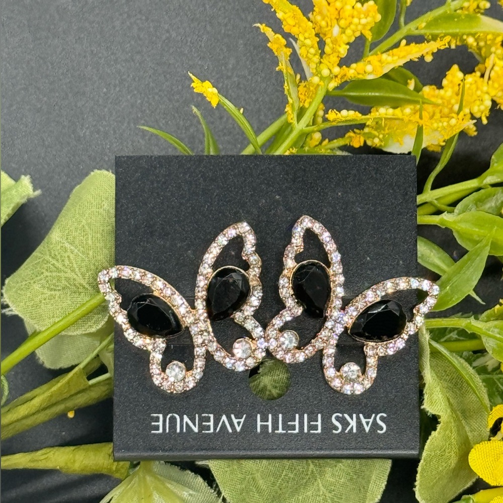 Saks Fifth Ave Gold Tone Butterfly with Black Crystal Post Earrings